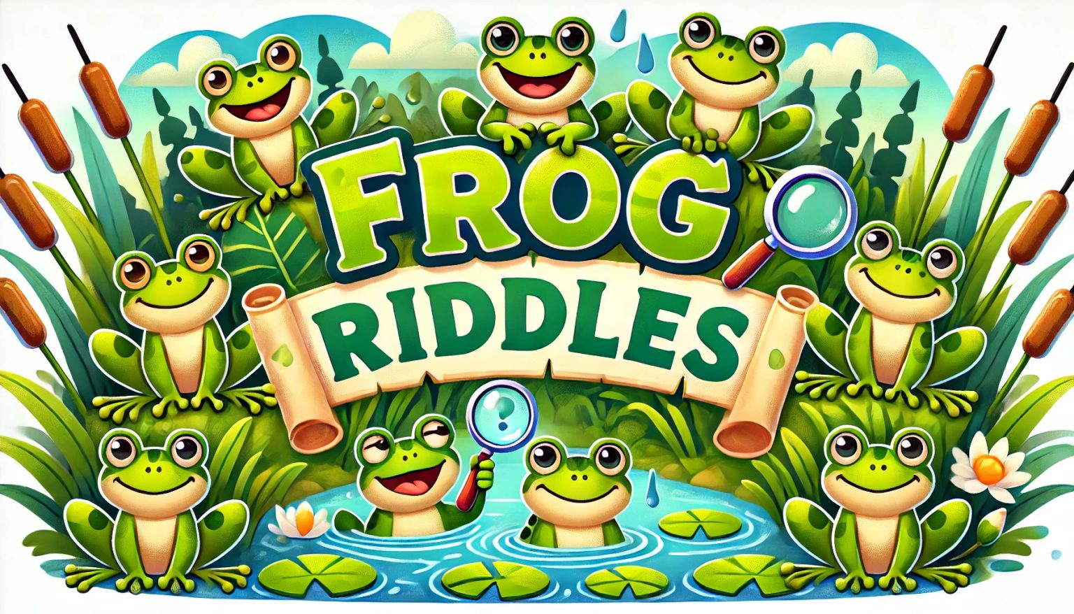 A colorful banner with lot of frogs featuring frog riddles