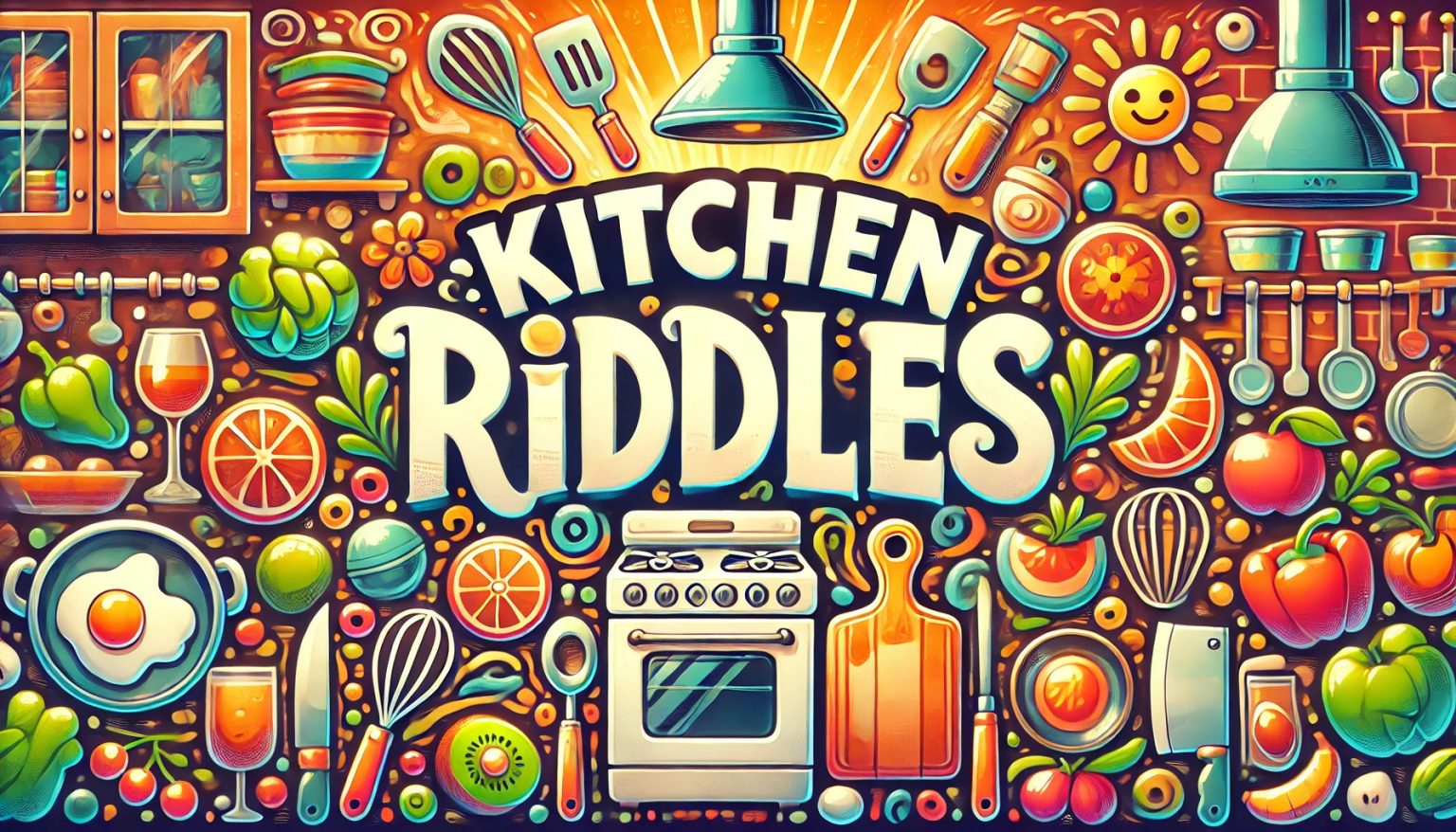 A colorful banner featuring kitchen riddles