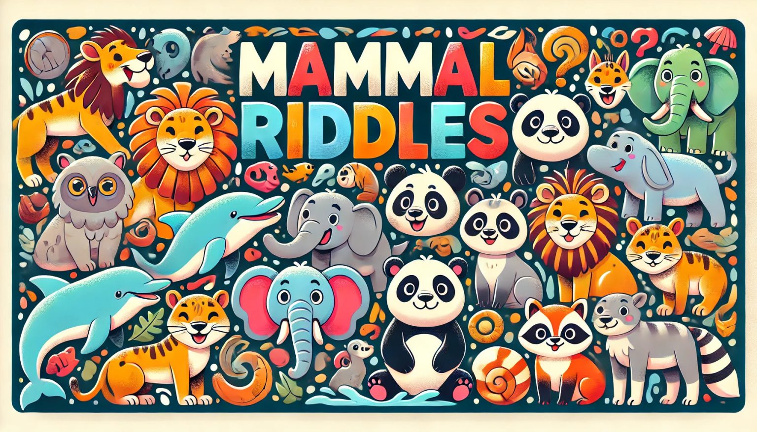 A colorful banner featuring a variety of cute mamals for mamal riddles