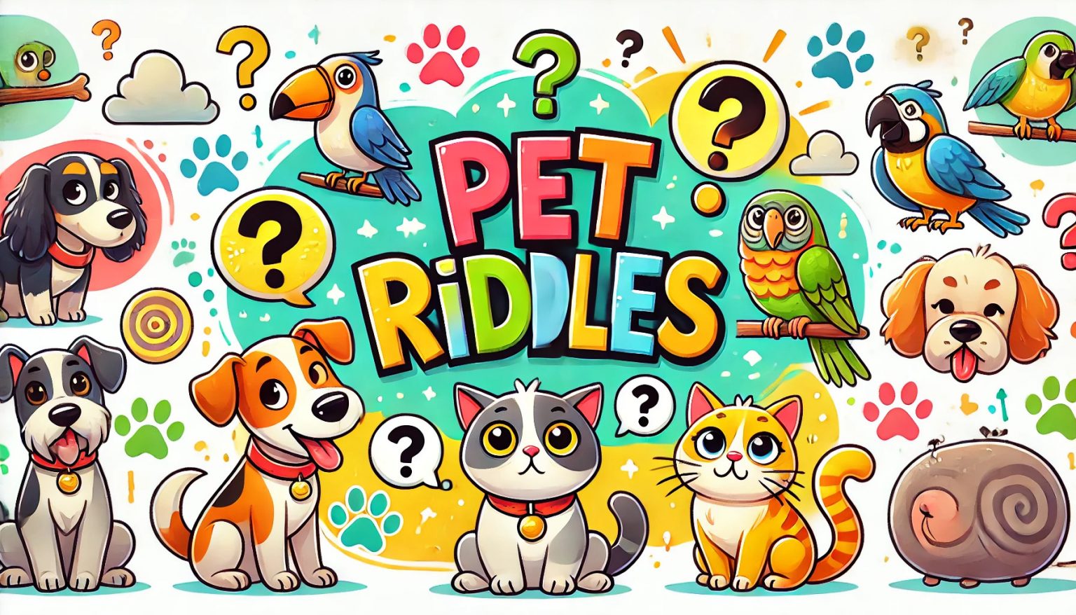 A banner photo featuring a variety of cute pets for pet riddles