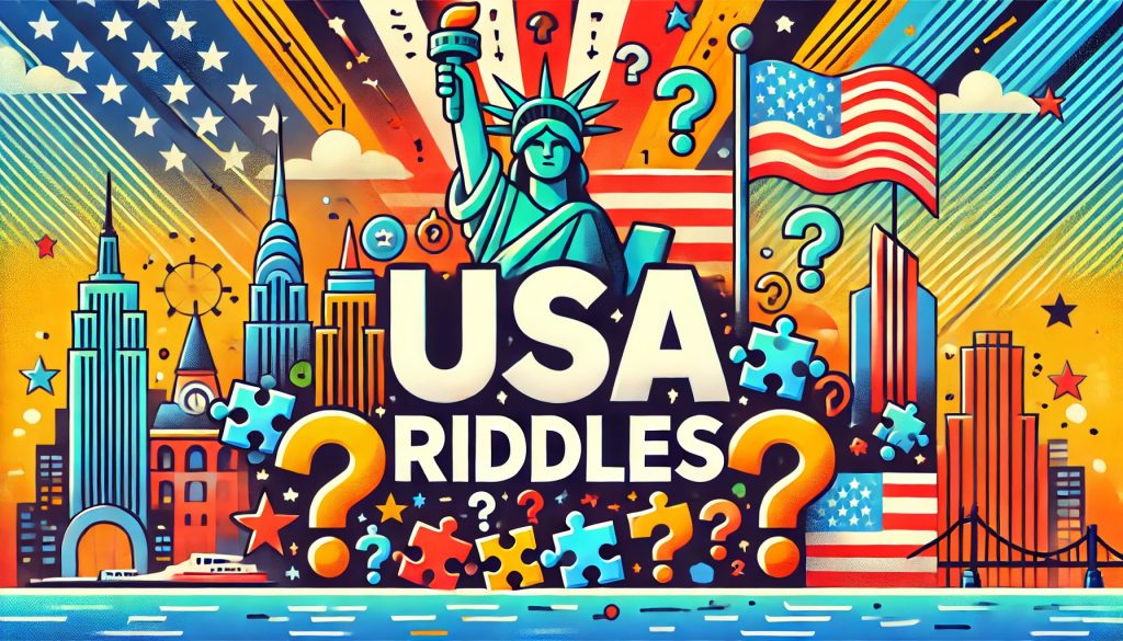 A banner image with lots of things related to USA featuring USA riddles