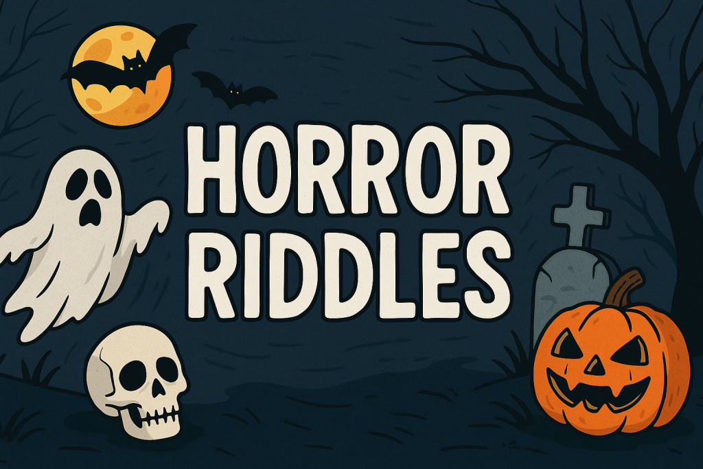 A banner image for riddlespot.com with bats, skull and black background featuring Horror Riddles