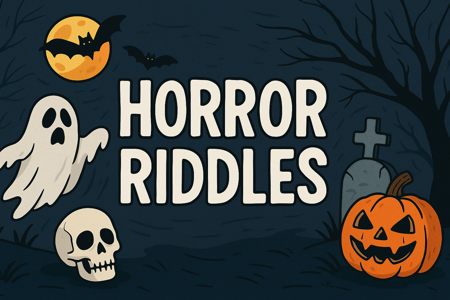 A banner image for riddlespot.com with bats, skull and black background featuring Horror Riddles