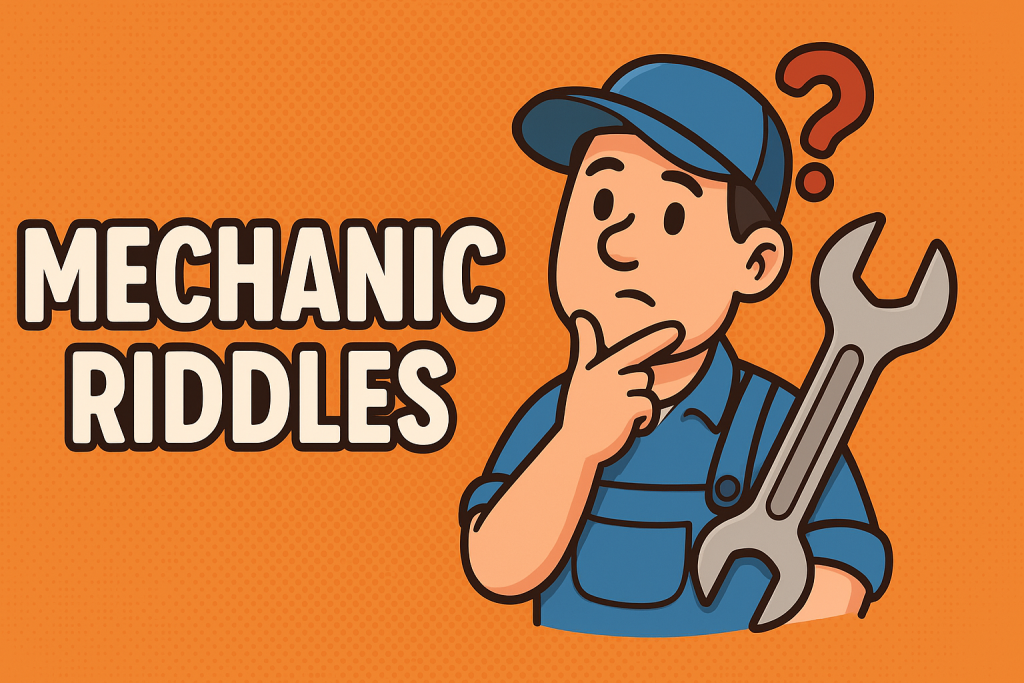 A banner image for riddlespot.com orange background featuring Mechanic Riddles