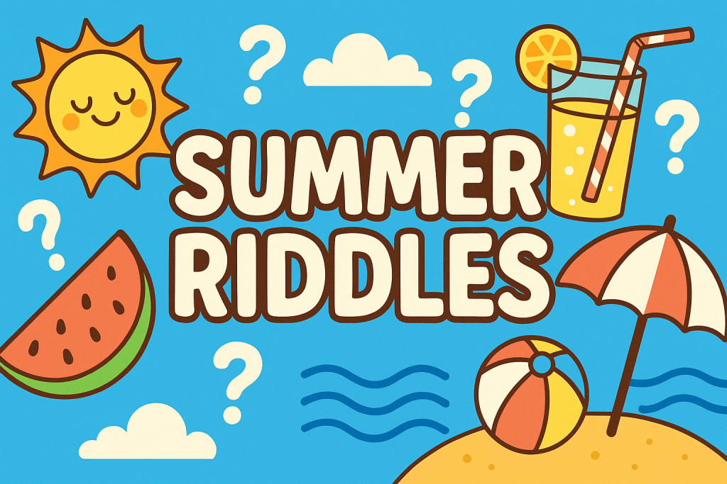 A banner image for riddlespot.com orange background featuring Summer Riddles