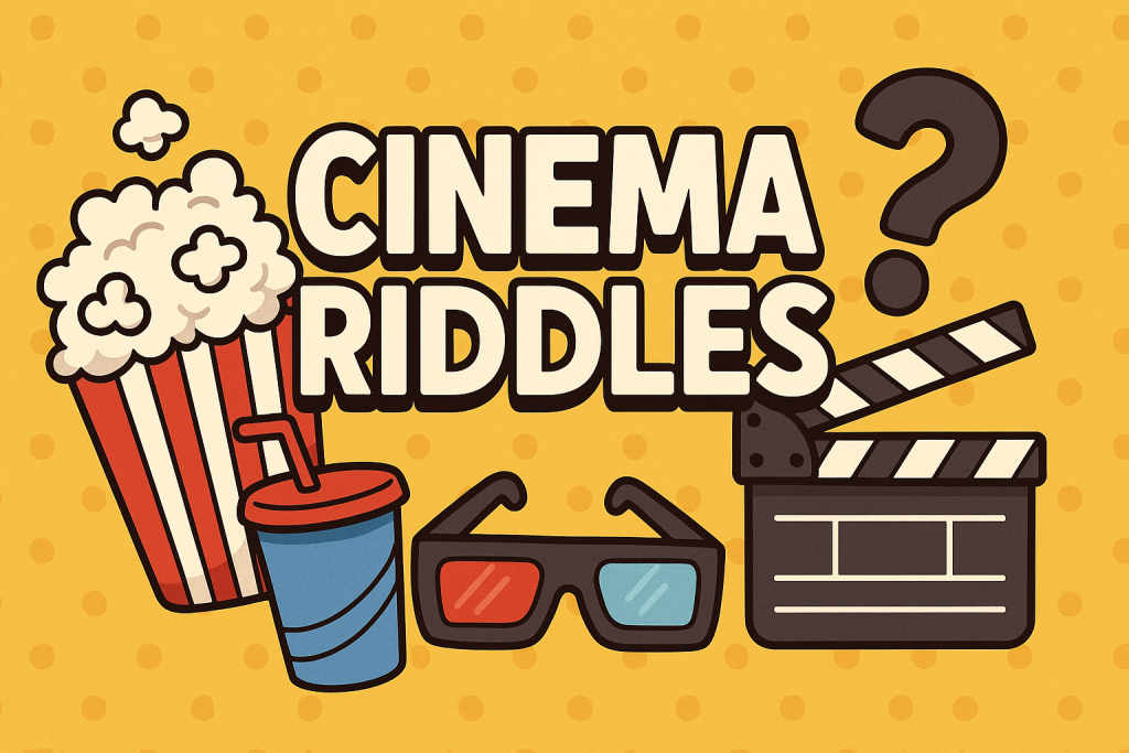 A banner image for riddlespot.com with graphs, coins, question marks featuring Cinema Riddles