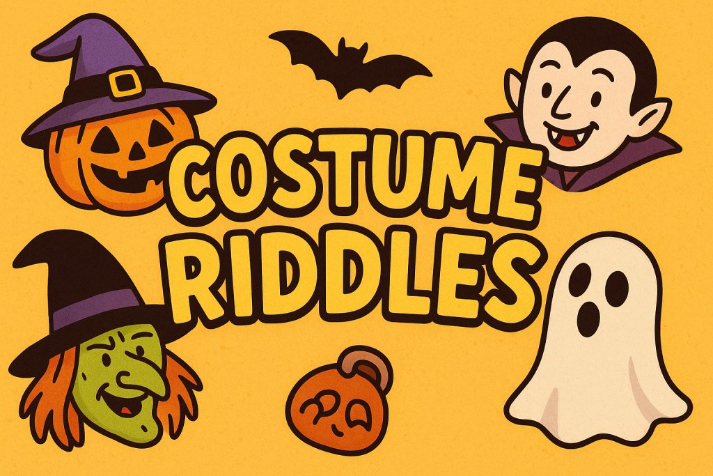 Illustration of playful costumes such as a wizard, scarecrow, clown, and vampire, arranged with colorful question marks around them, symbolizing fun riddles about costumes for Riddle Spot.