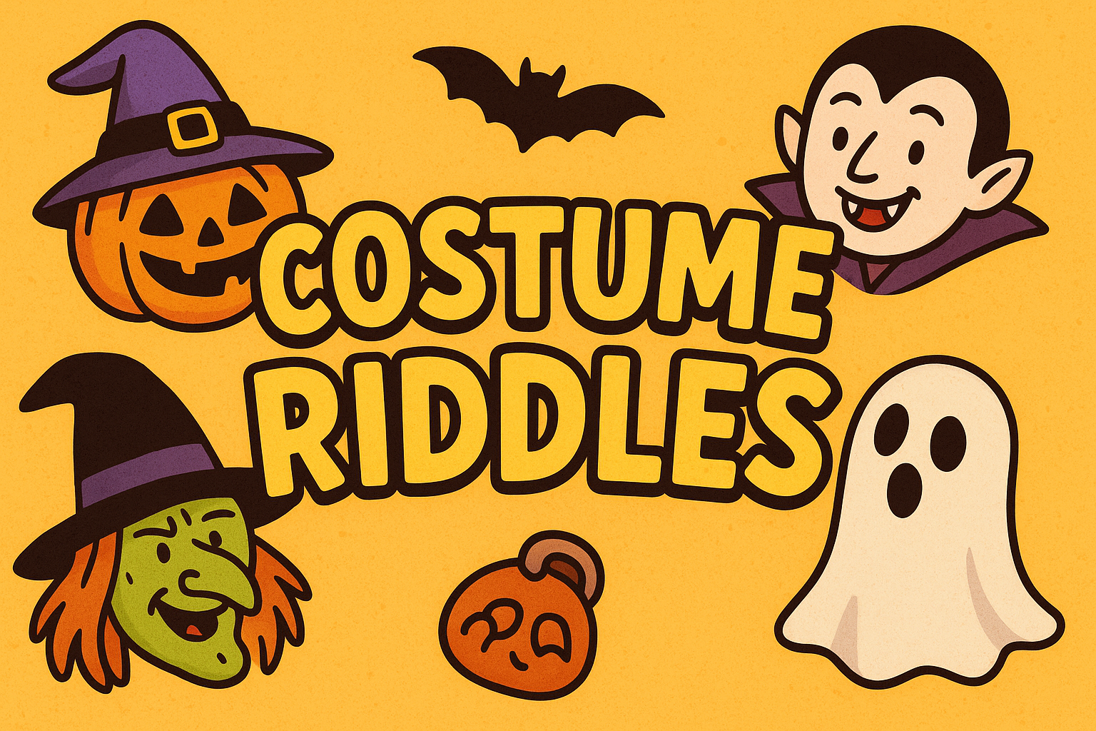 Illustration of playful costumes such as a wizard, scarecrow, clown, and vampire, arranged with colorful question marks around them, symbolizing fun riddles about costumes for Riddle Spot.