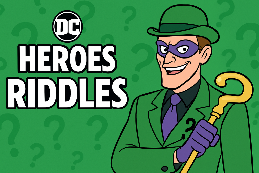 A banner image for riddlespot.com featuring DC Heroes Riddles