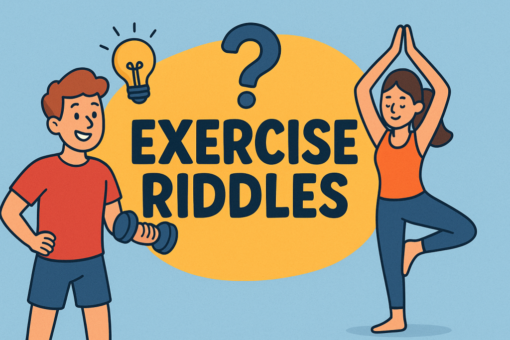 A banner image for riddlespot.com with two persons doing exercise featuring Exercise Riddles