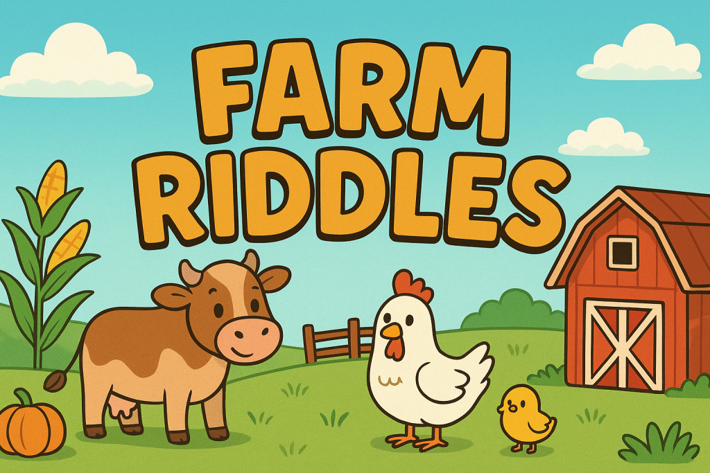 A banner image for riddlespot.com with farm animals featuring Farm Riddles