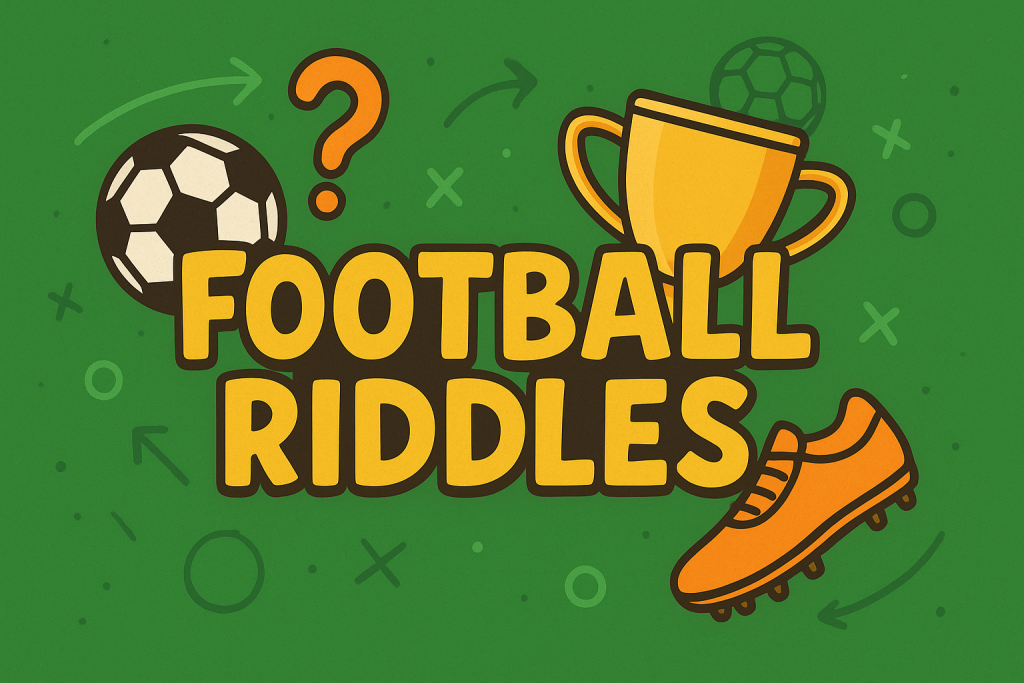 A banner image for riddlespot.com with soccer ball, a trophy and a shoes featuring Football Riddles