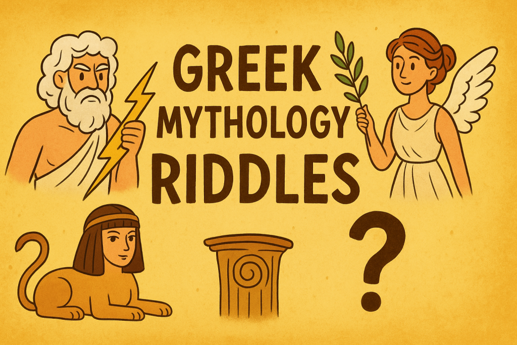 A cartoon banner image for riddlespot.com featuring Greek Mythology Riddles
