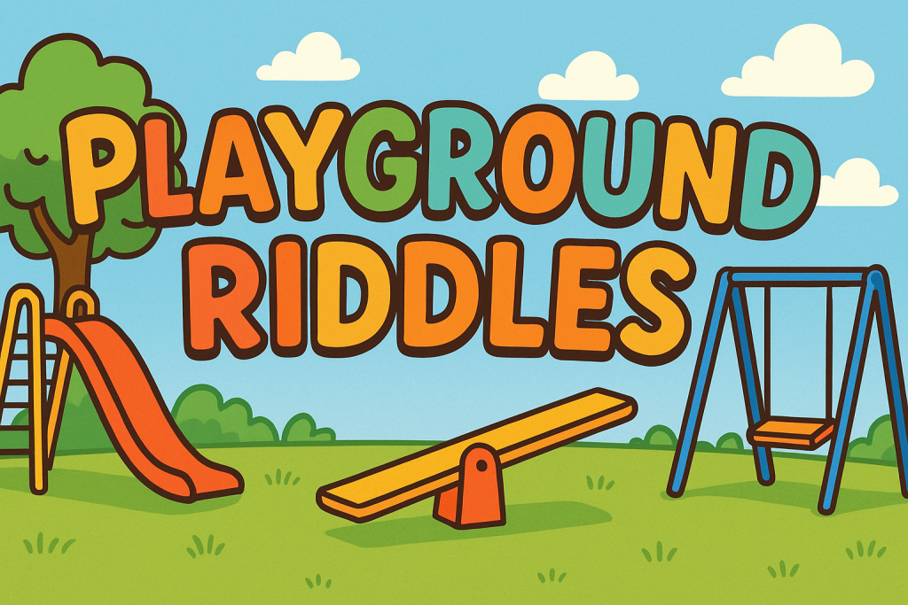 A banner image for riddlespot.com with seesaw, monkey bar and slide featuring Playground Riddles