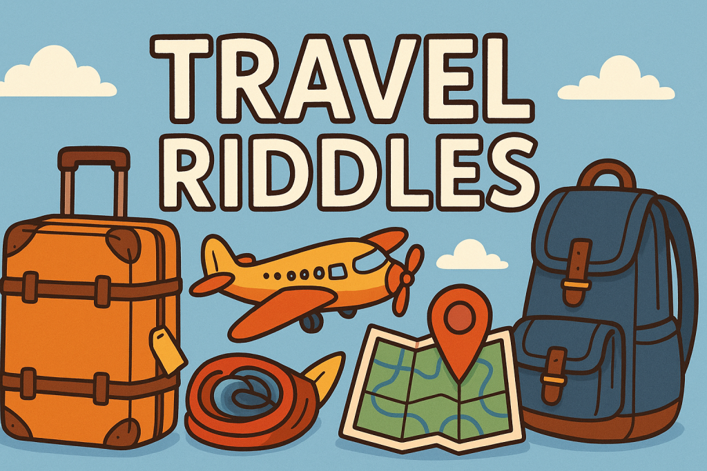 A banner image for riddlespot.com with airplane, map, travel bag and suitcase featuring Travel Riddles